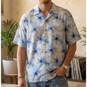 Tommy Bahama Mens XL Silk Short Sleeve Button Down Shirt Blue Floral Starburst